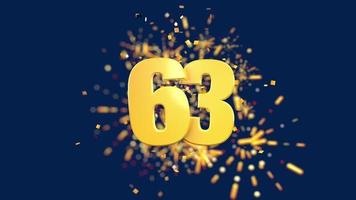 Gold number 63 in the foreground with gold confetti falling and fireworks behind out of focus against a dark blue background. 3D Animation video