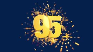 Gold number 95 in the foreground with gold confetti falling and fireworks behind out of focus against a dark blue background. 3D Animation video