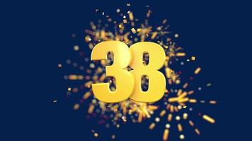 Gold number 38 in the foreground with gold confetti falling and fireworks behind out of focus against a dark blue background. 3D Animation video