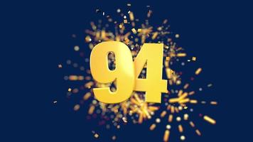 Gold number 94 in the foreground with gold confetti falling and fireworks behind out of focus against a dark blue background. 3D Animation video