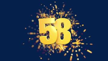 Gold number 58 in the foreground with gold confetti falling and fireworks behind out of focus against a dark blue background. 3D Animation video