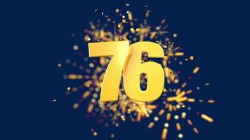 Gold number 76 in the foreground with gold confetti falling and fireworks behind out of focus against a dark blue background. 3D Animation video