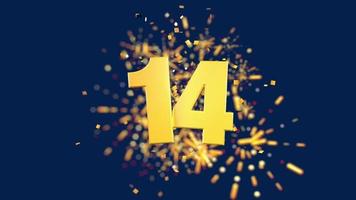 Gold number 14 in the foreground with gold confetti falling and fireworks behind out of focus against a dark blue background. 3D Animation video