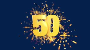 Gold number 50 in the foreground with gold confetti falling and fireworks behind out of focus against a dark blue background. 3D Animation video