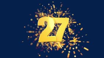 Gold number 27 in the foreground with gold confetti falling and fireworks behind out of focus against a dark blue background. 3D Animation video