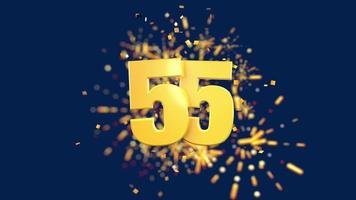 Gold number 55 in the foreground with gold confetti falling and fireworks behind out of focus against a dark blue background. 3D Animation video
