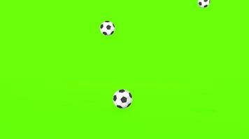 groupe de ballons de football noirs et blancs rebondissant sur une surface verte changeant la vitesse du rebond de rapide à lent sur un fond de clé chroma. Animation 3D