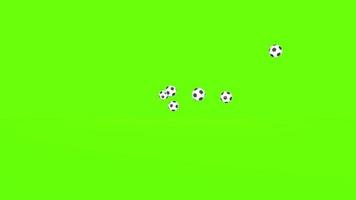 Group of black and white soccer balls bouncing off a green surface towards the camera against a chroma key background. 3D Animation video