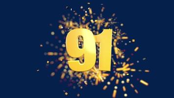 Gold number 91 in the foreground with gold confetti falling and fireworks behind out of focus against a dark blue background. 3D Animation video