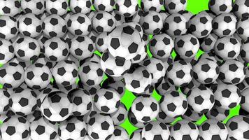 Top view of a group of black and white soccer balls falling and bouncing on a green surface taking up the entire screen. 3D Animation video