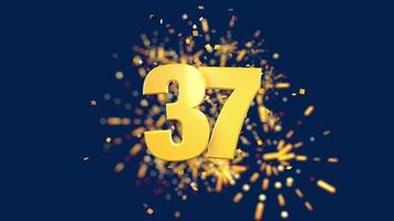 Gold number 37 in the foreground with gold confetti falling and fireworks behind out of focus against a dark blue background. 3D Animation video