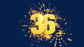 Gold number 36 in the foreground with gold confetti falling and fireworks behind out of focus against a dark blue background. 3D Animation video