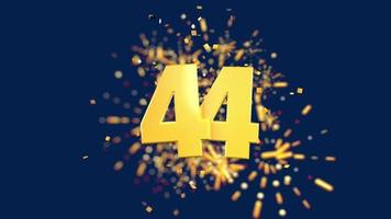 Gold number 44 in the foreground with gold confetti falling and fireworks behind out of focus against a dark blue background. 3D Animation video