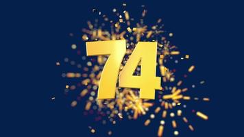 Gold number 74 in the foreground with gold confetti falling and fireworks behind out of focus against a dark blue background. 3D Animation video