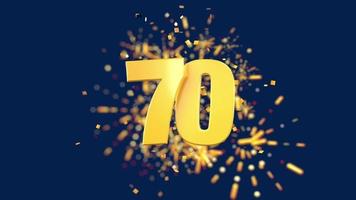 Gold number 70 in the foreground with gold confetti falling and fireworks behind out of focus against a dark blue background. 3D Animation video