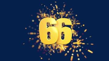 ouro número 66 em primeiro plano com confetes de ouro caindo e fogos de artifício atrás fora de foco contra um fundo azul escuro. animação 3D video