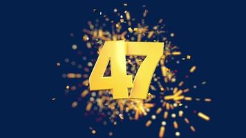 Gold number 47 in the foreground with gold confetti falling and fireworks behind out of focus against a dark blue background. 3D Animation video