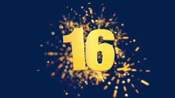 Gold number 16 in the foreground with gold confetti falling and fireworks behind out of focus against a dark blue background. 3D Animation video