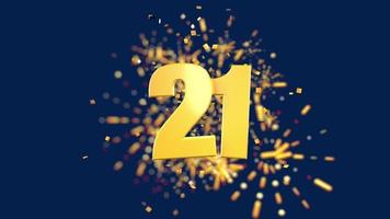 goldene Zahl 21 im Vordergrund mit fallendem goldenem Konfetti und Feuerwerk dahinter unscharf vor einem dunkelblauen Hintergrund. 3D-Animation video