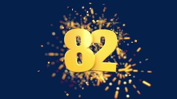 Gold number 82 in the foreground with gold confetti falling and fireworks behind out of focus against a dark blue background. 3D Animation video