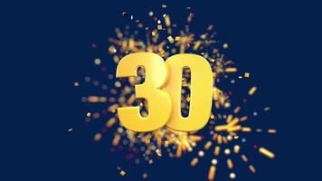 Gold number 30 in the foreground with gold confetti falling and fireworks behind out of focus against a dark blue background. 3D Animation video