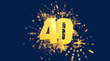 ouro número 40 em primeiro plano com confetes de ouro caindo e fogos de artifício atrás fora de foco contra um fundo azul escuro. animação 3D video