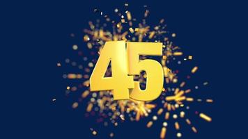 Gold number 45 in the foreground with gold confetti falling and fireworks behind out of focus against a dark blue background. 3D Animation video