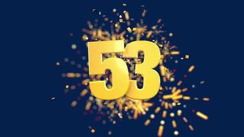 Gold number 53 in the foreground with gold confetti falling and fireworks behind out of focus against a dark blue background. 3D Animation video