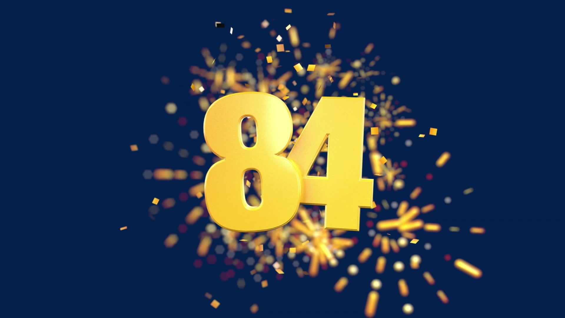 Gold number 84 in the foreground with gold confetti falling and