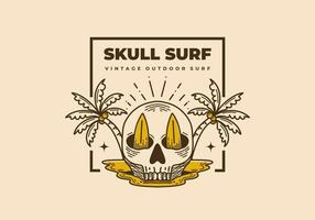 Vintage illustration of a skull with two surfboard and coconut trees vector
