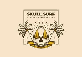 ilustración vintage de una calavera con dos tablas de surf y cocoteros vector