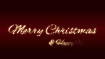 allegro Natale e un' contento nuovo anno d'oro testo animazione con scintillante Natale lettere rivelatrice a partire dal sinistra per giusto su buio rosso e nero sfondo con luccicante e raggiante allegro Natale video