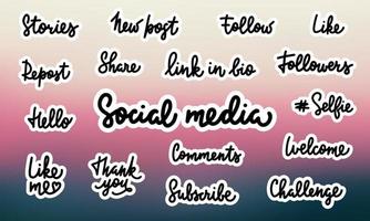 Set of 17 Social media words hand drawn lettering stickers design element for posts, chats, stories. Like Share Repost Subscribe Follow Thank you Selfie Welcome. Handwritten typography phrases. vector