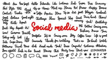 Bundle of Social media words and elements, hand drawn lettering stickers design for posts, chats, stories. Like Share Repost Subscribe Follow Thank you Selfie Welcome. Handwritten typography phrases. vector