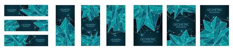 Polygonal abstract futuristic template collection, low poly sign. Vector lines, dots and triangle shapes, connecting network. Horizontal banners, cover layout, social media design.