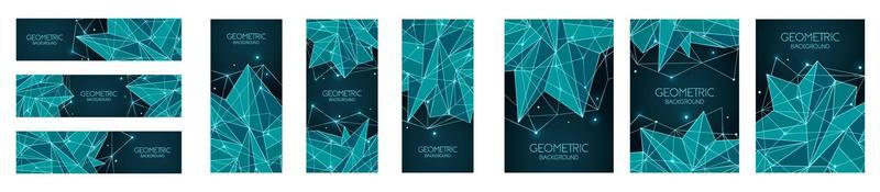 Polygonal abstract futuristic template collection, low poly sign. Vector lines, dots and triangle shapes, connecting network. Horizontal banners, cover layout, social media design.