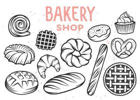 Set of vector bakery engraved elements. Typography design with bread, pastry, pie, buns, sweets, cupcake. Collection of modern linear graphic on white background. Bakery shop. Top view.