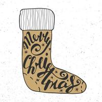 feliz navidad en calcetín en estilo vintage. letras manuscritas. vector
