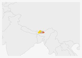 Bhutan map highlighted in Bhutan flag colors vector