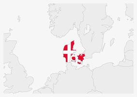 Denmark map highlighted in Denmark flag colors vector