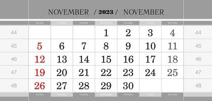 November 2023 quarterly calendar block. Wall calendar in English, week starts from Sunday. vector