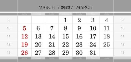 Bloque de calendario trimestral de marzo de 2023. calendario de pared en inglés, la semana comienza el domingo. vector