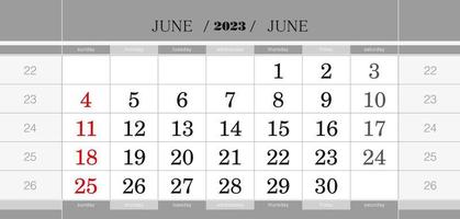 bloque de calendario trimestral de junio de 2023. calendario de pared en inglés, la semana comienza el domingo. vector