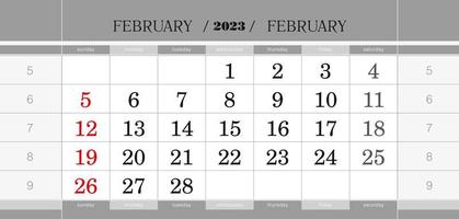 bloque de calendario trimestral de febrero de 2023. calendario de pared en inglés, la semana comienza el domingo. vector