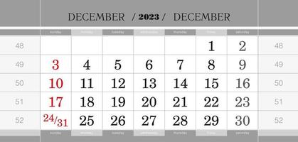 bloque de calendario trimestral de diciembre de 2023. calendario de pared en inglés, la semana comienza el domingo. vector