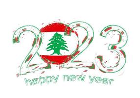 2023 Year in grunge style with flag of Lebanon. vector