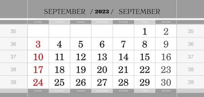 September 2023 quarterly calendar block. Wall calendar in English, week starts from Sunday. vector