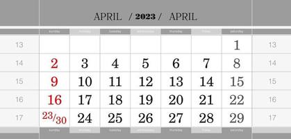 April 2023 quarterly calendar block. Wall calendar in English, week starts from Sunday. vector