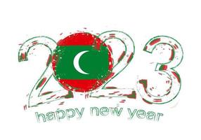 2023 Year in grunge style with flag of Maldives. vector