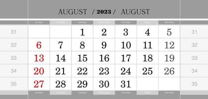 August 2023 quarterly calendar block. Wall calendar in English, week starts from Sunday. vector